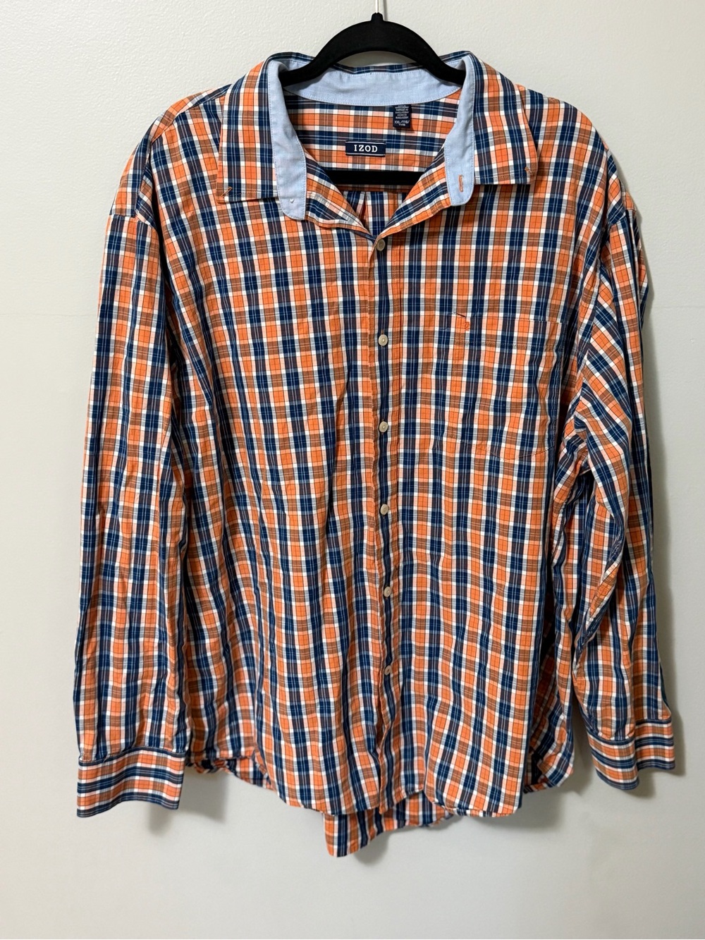IZOD Men’s XXL Plaid Button Down Shirt Orange Navy Blue Long Sleeve Casual